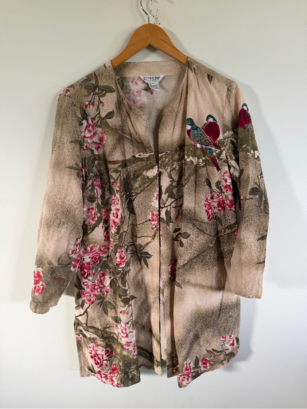 Citron Beige Floral One Button-Front Tunic with Pink Blooms XL